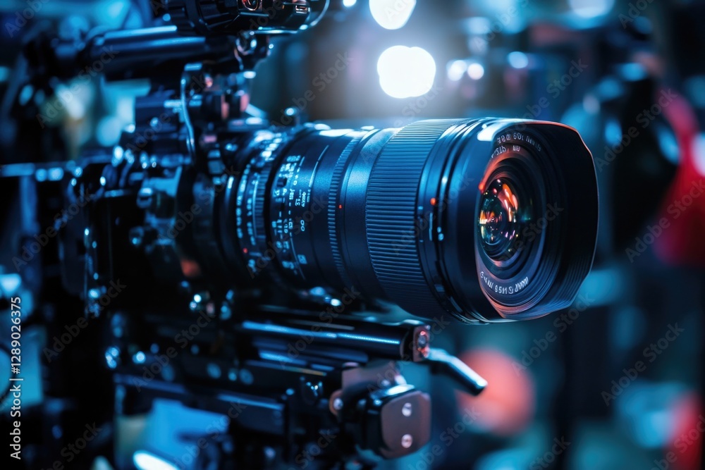 Poster close-up view of a camera mounted on a tripod, ready for photography