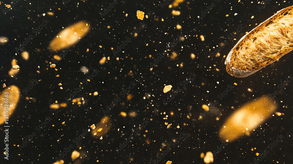 Poster falling wheat bread crumbs in motion for culinary background design
