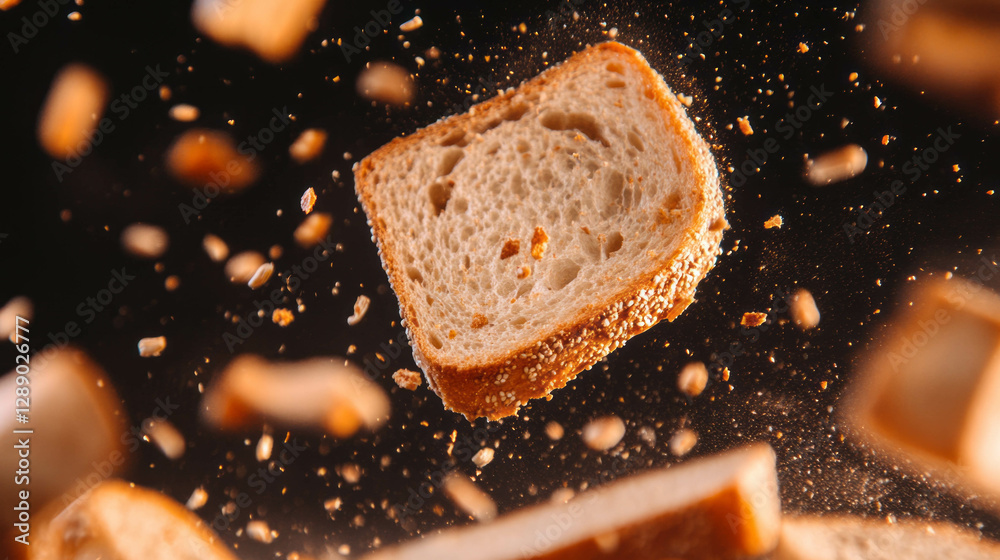 Poster Dynamic scene of falling wheat bread and crumbs for food design concepts