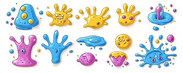 Colorful cartoon blobs; fun, playful design; white background; kids' designs