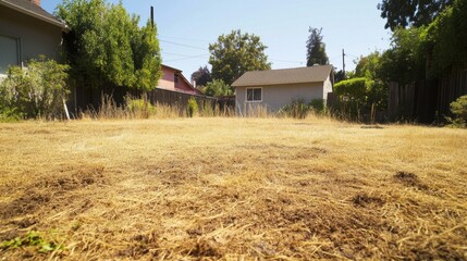 Dead Lawn in Neglected Yard: California Drought Causing Dry and Brown Eyesore