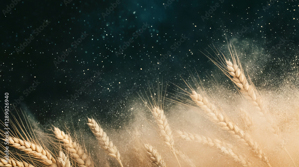 Poster flour and wheat stalks in motion with dramatic dark background for culinary design