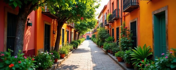 Calle empedrada con paseos y jardines en flor, arbolado, barrio