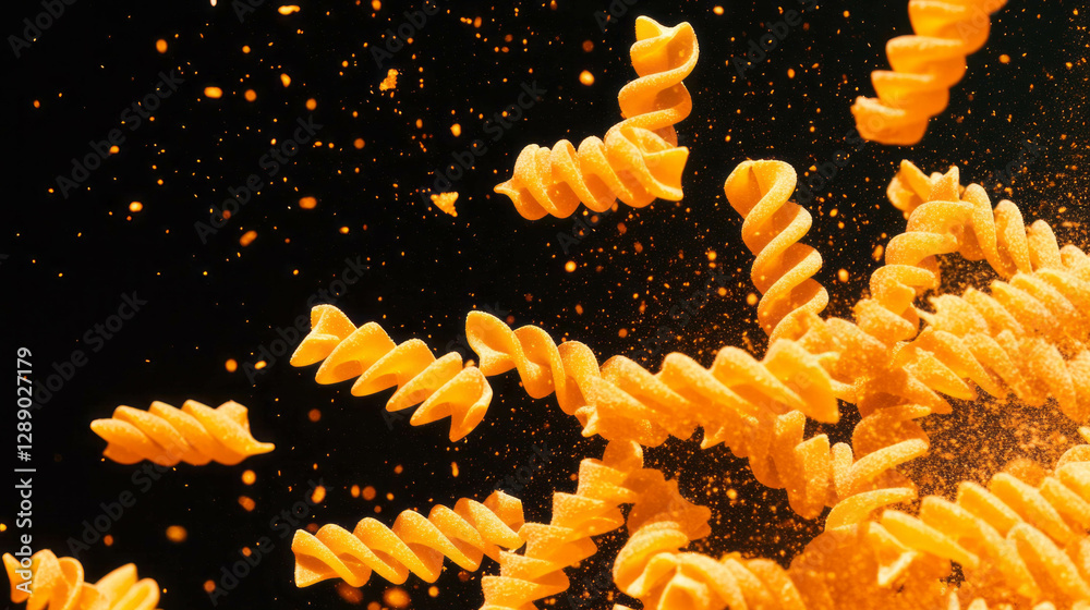 Poster dynamic background of falling wheat pasta shapes in a vibrant scene