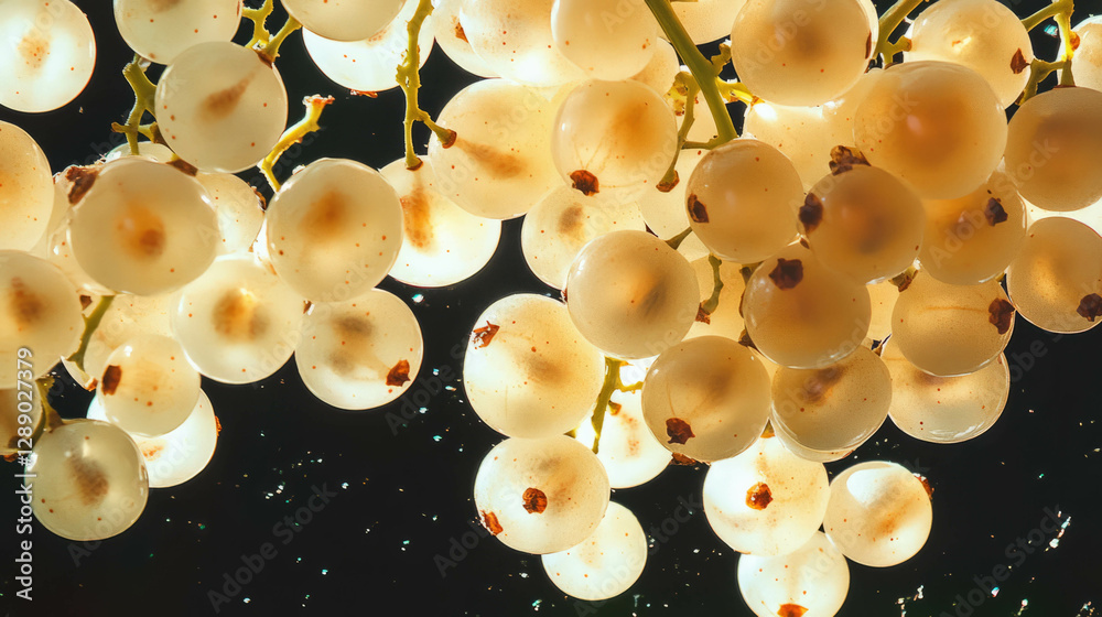 Poster white currants falling against a dark background for culinary and design use
