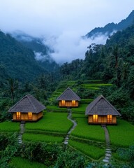 Fototapeta premium Serene rice terrace cottages mountain region nature lush environment aerial view peaceful concept