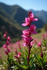 Pink flowering axillary raceme inflorescences of Clarkia bottae blooming in San Rafael Mountains Transverse Ranges, San Rafael Mountains, raceme inflorescences