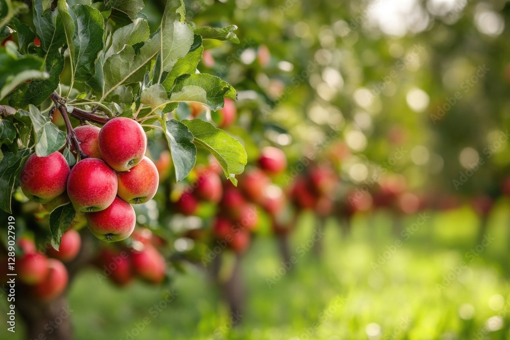 Poster Freshly picked apples hang from a tree branch