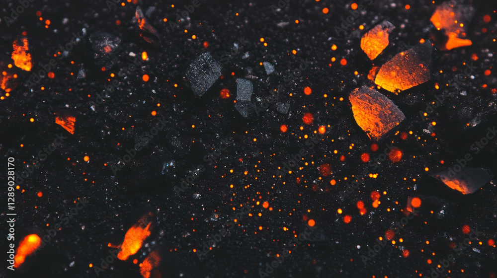 Poster fiery embers and charcoal background with glowing sparks for creative design