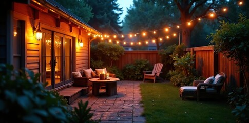 Cozy backyard illuminated by soft string lights, festive, warm, evening
