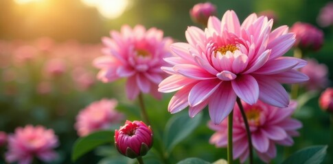 Obraz premium Pink chrysanthemum blooms sway gently in the wind, flowers, botanicals, blooming
