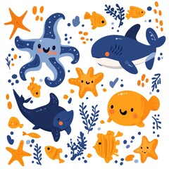 Obraz premium A series of cartoon-friendly sea animal illustrations, featuring ocean marine life like dolphins, oysters, and fish, isolated on a white background