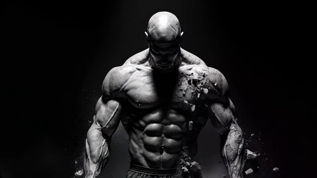 muscular man in black and white,  bodybuilder stone statue crumbles