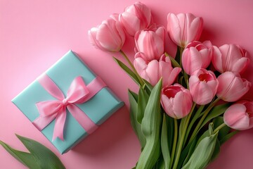 Fototapeta premium Mother's Day and birthday decorations concept. Top view photo of blue gift box with pink ribbon bow and bouquet of pink tulips on isolated pink background with copy space. International women's day