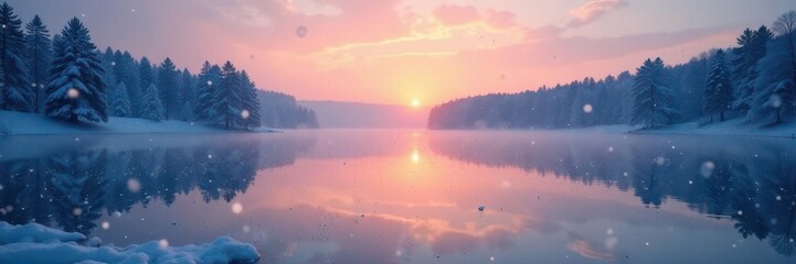 Fototapeta premium Delicate snowflakes gently fall on a frozen lake at dusk, frosted, winter, lake