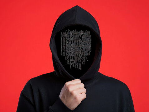 Home Invasion Prevention Concept. faceless hacker in black hoodie with digital code on red background