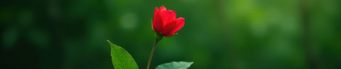 An elegant red bloom emerging from a green leaf stem, greenery, botanical, foliage