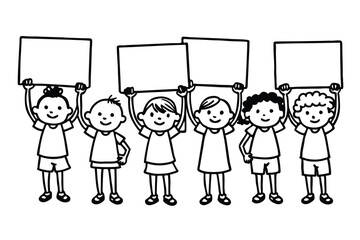 Set of kids holding blank board coloring page, Many children hold blank boards Outline, line art boy and girl bundle vector illustration.