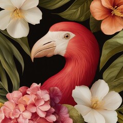 Colorful flamingo amidst tropical flowers exotic garden digital art lush environment close-up nature beauty