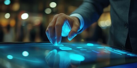 Direct To Consumer: Man Selling Product Directly with Futuristic Blue Interface