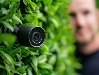Home Invasion Prevention Concept. security camera is discreetly installed in lush green hedge, with blurred person in background