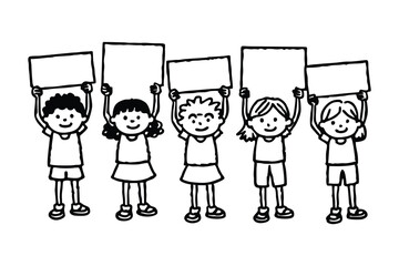 Set of kids holding blank board coloring page, Many children hold blank boards Outline, line art boy and girl bundle vector illustration.