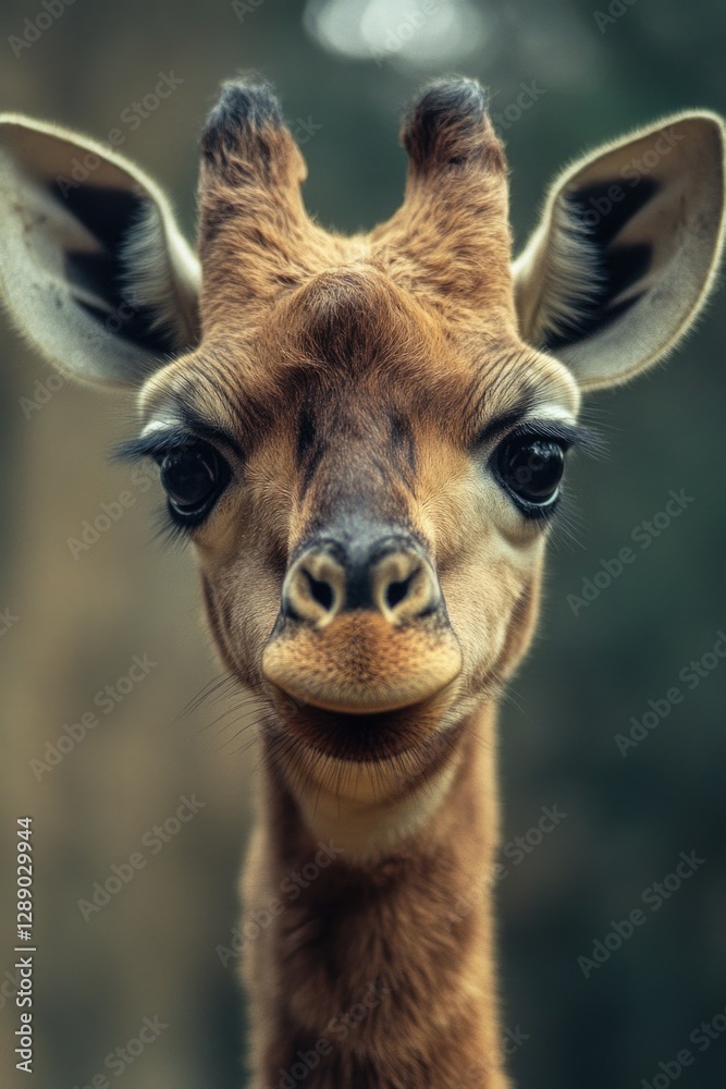 Poster close-up shot of a giraffe's face with blurred background