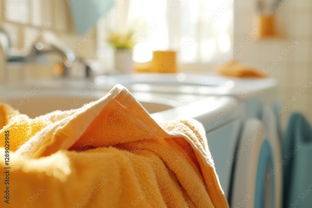 Poster a simple scene with a yellow towel resting on the rim of a white sink