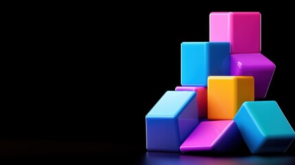 Obraz premium A colorful stack of blocks on a black background. The blocks are in various colors, including blue, yellow, and pink. Concept of creativity and playfulness