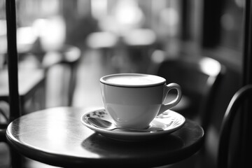 A single serving of coffee in a ceramic cup placed on a saucer