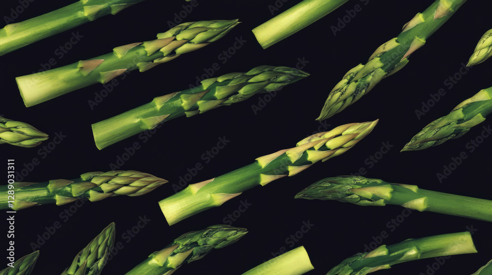 Poster Floating asparagus spears on dark background for healthy eating patterns and vegan design concepts