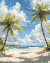 Relaxing beach scene with palm trees tropical paradise digital artwork sunny day wide angle serene atmosphere