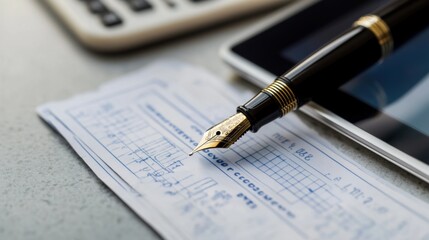 Lottery prize ticket on a clean desk with a tablet and an elegant fountain pen. Featuring success and ambition