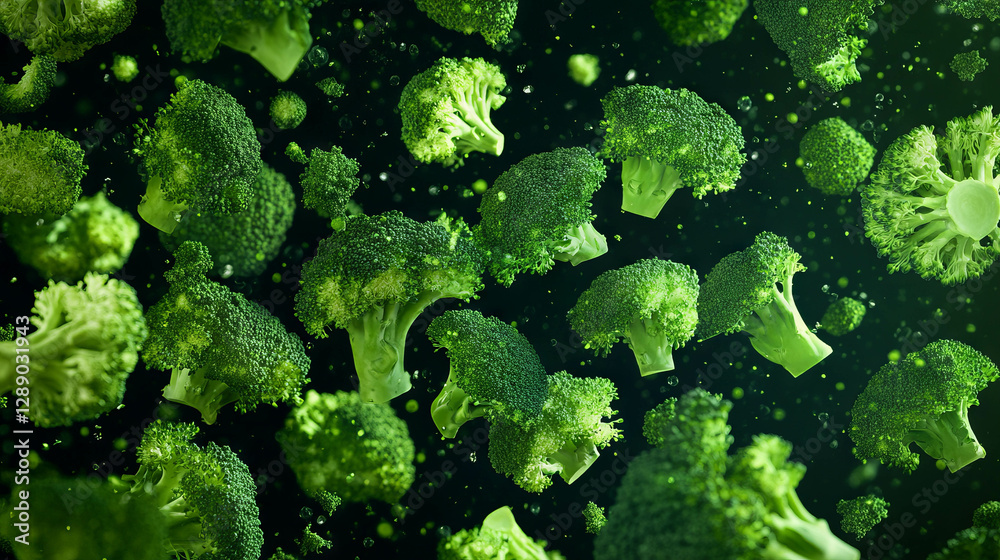 Poster surreal floating broccoli scene on dark background for healthy eating and design