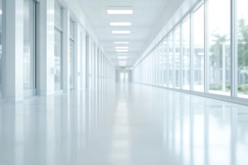 Obraz premium Empty white hospital corridor with large windows