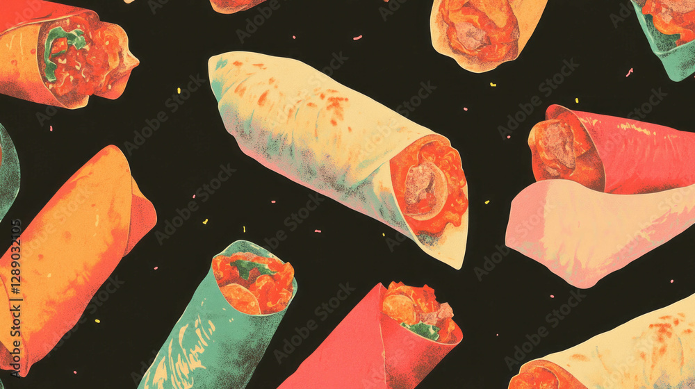Poster floating burritos pattern with colorful wrapped shapes for food design