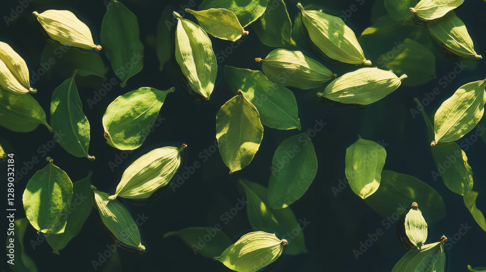 Poster floating cardamom pods on a green background for aromatic and culinary design