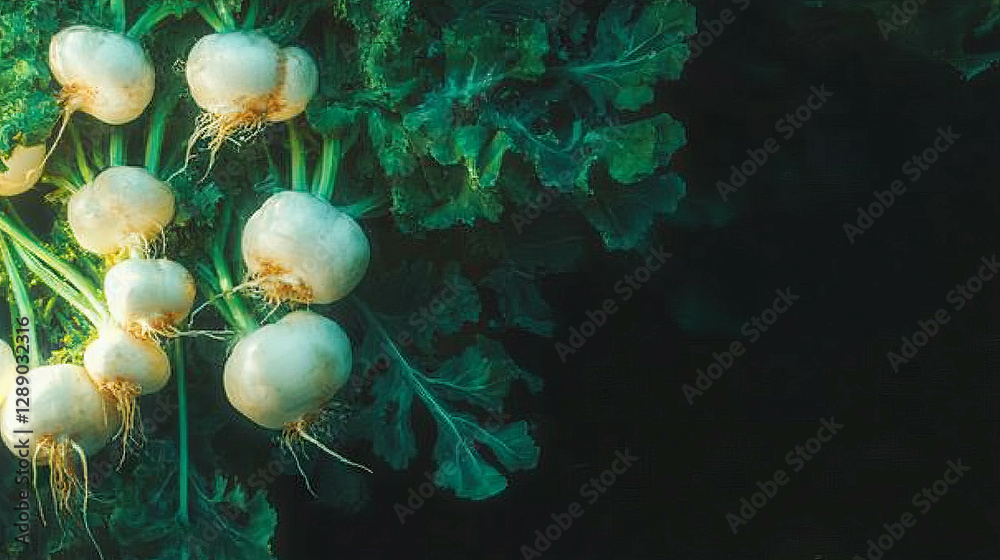 Poster floating celeriac roots with lush greenery on a dark background for natural food design