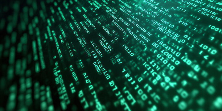 Abstract binary code rain in green, suggesting data flow and digital information. Modern technology backdrop representing cybersecurity or data processing.