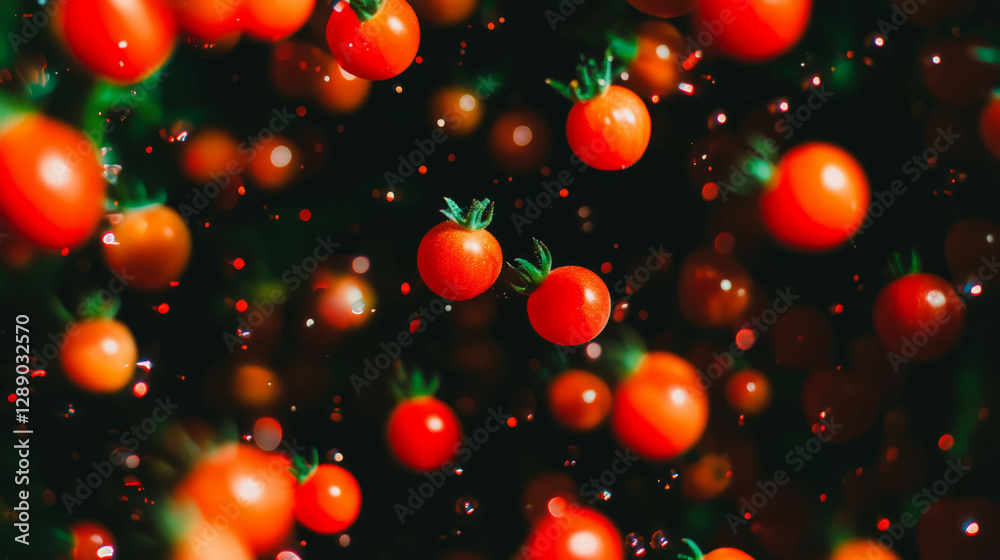 Poster Dynamic floating cherry tomatoes on dark background for food design