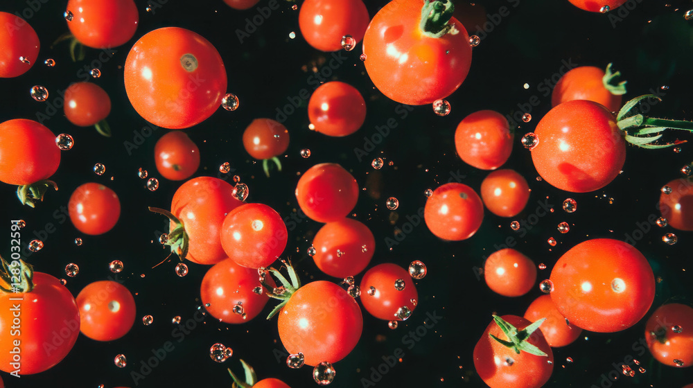 Poster vibrant floating cherry tomatoes on dark background for creative design