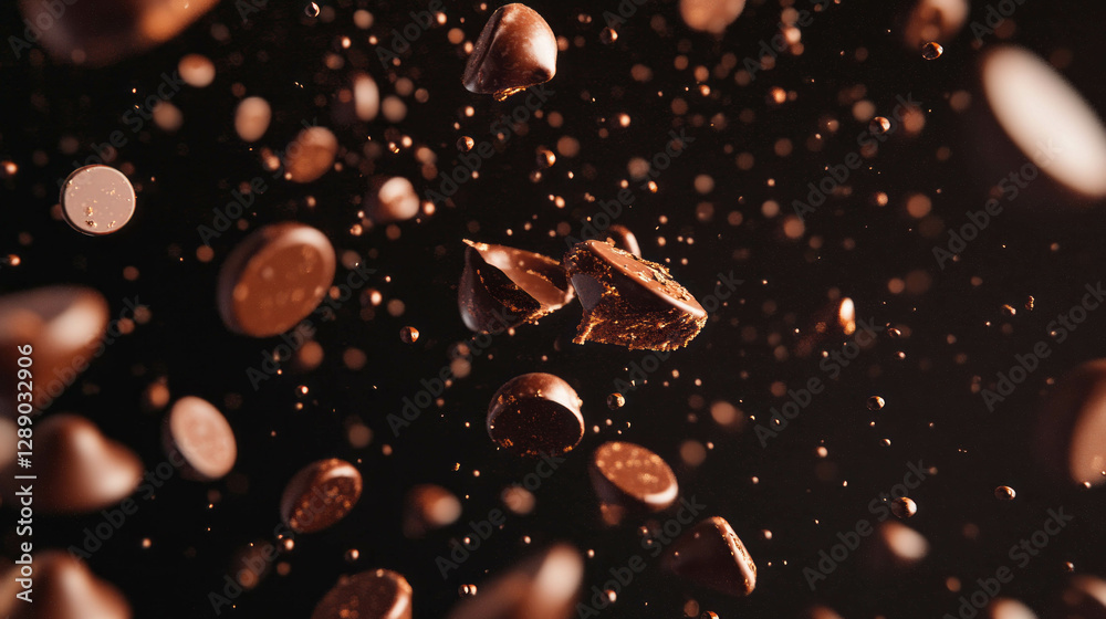 Poster floating chocolate chips in dark background for dessert themes and design