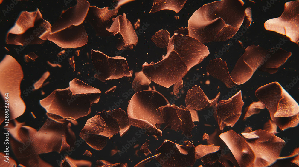 Poster floating chocolate shavings on dark background for dessert and confectionery design