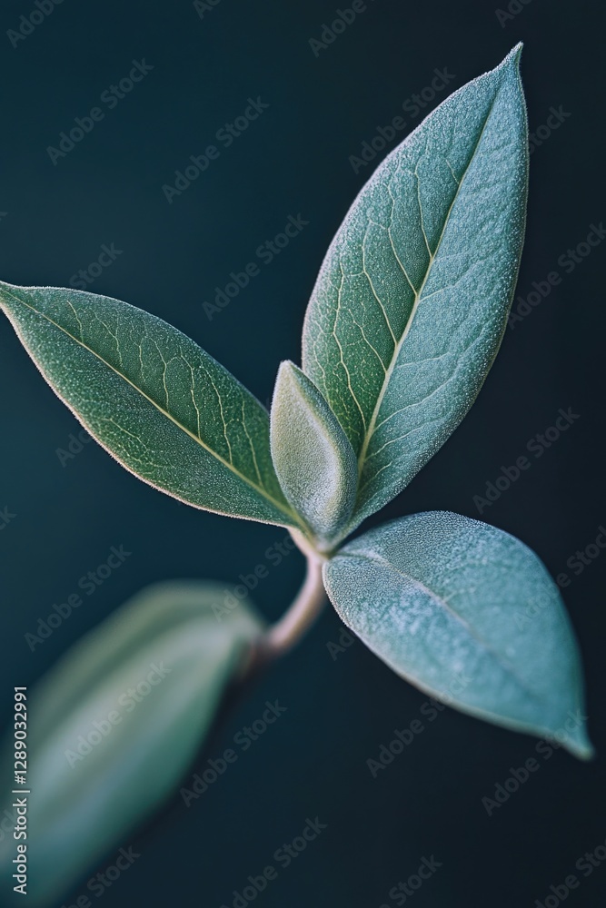 Poster a detailed view of a single green leaf attached to a branch, perfect for use in nature-themed design