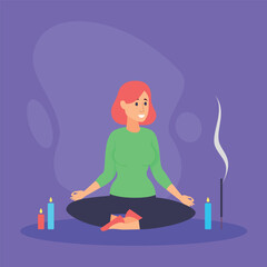 Woman sitting cross-legged on floor, surrounded by colorful candles and incense. She enjoying moment of peaceful meditation. Health and inner calm concept