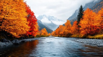 Obraz premium A serene river flows through vibrant autumn foliage, with mountains shrouded in mist in the background, showcasing the beauty of nature in fall.