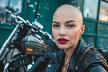 Confident bald female with bold lipstick and motorcycle