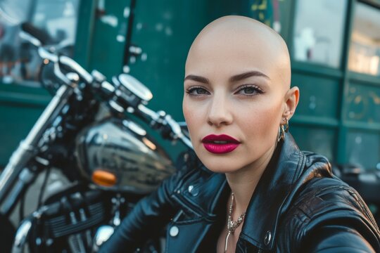 Confident bald female with bold lipstick and motorcycle