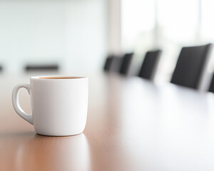 A white coffee mug on a wooden table in a modern conference room.