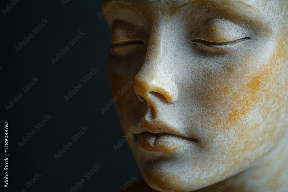 Poster a detailed view of a statue depicting a woman's face, suitable for art or architecture related uses